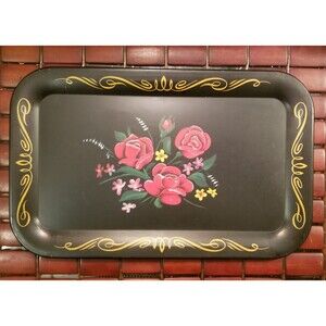 Vintage 1950s Hand Painted Metal Serving Tray Decorated w/ Flower Bouquet
